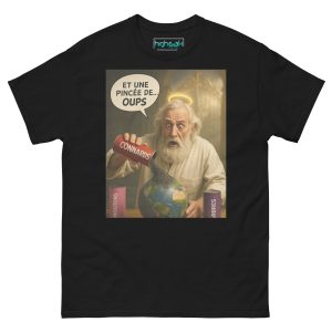 T-shirt avec dessin humoristique de Dieu ajoutant 'con' à la Terre